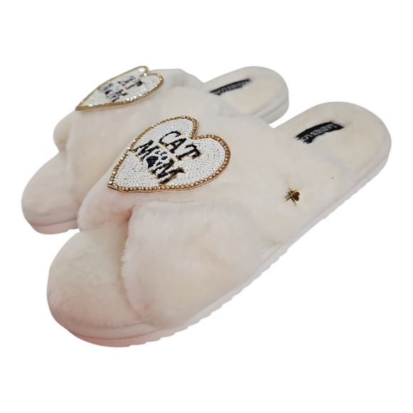 Laines London Cat Mom White Faux Fur Sequin Embellished Slippers Medium (7-8) - Picture 2 of 4
